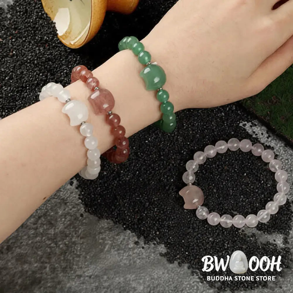 Buddha Stones Cute Cat Design Blue Lace Agate Clear Quartz Beaded Bracelet - Bracelet