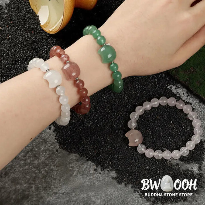 Buddha Stones Cute Cat Design Blue Lace Agate Clear Quartz Beaded Bracelet - Bracelet