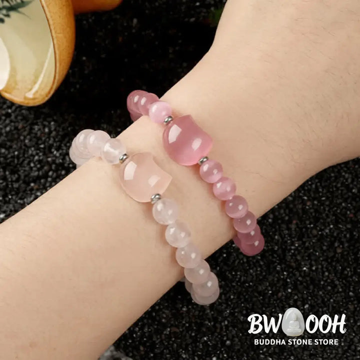 Buddha Stones Cute Cat Design Blue Lace Agate Clear Quartz Beaded Bracelet - Bracelet