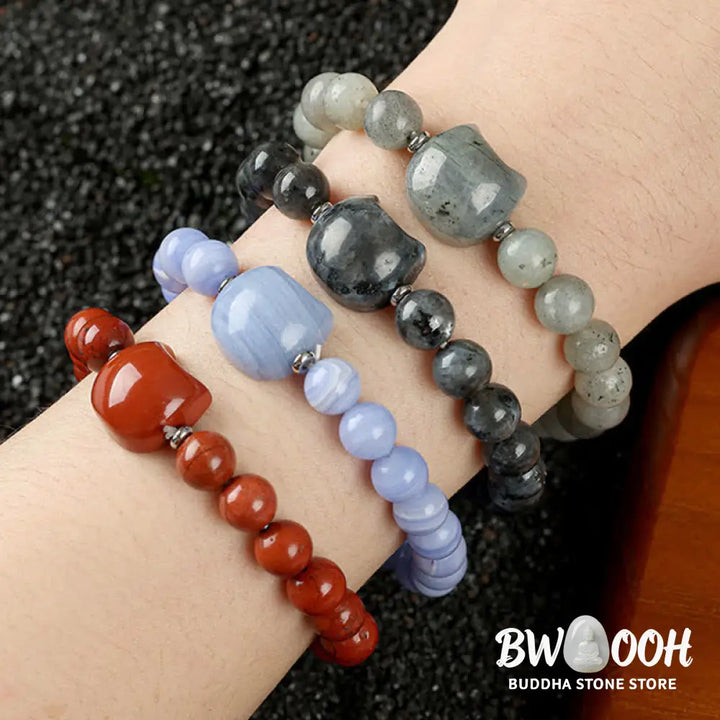 Buddha Stones Cute Cat Design Blue Lace Agate Clear Quartz Beaded Bracelet - Bracelet