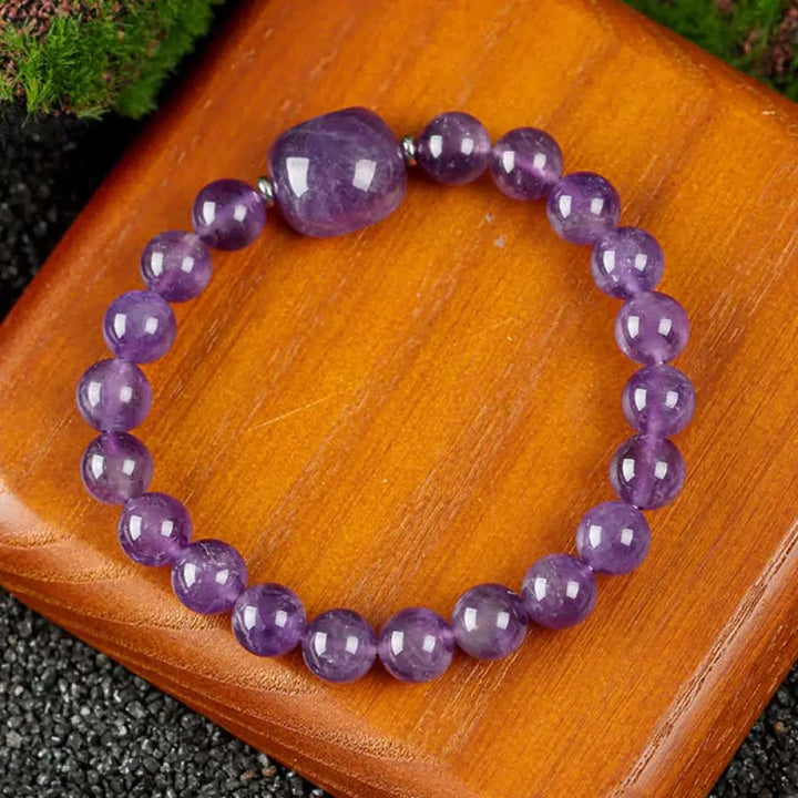 Buddha Stones Cute Cat Design Blue Lace Agate Clear Quartz Beaded Bracelet - Amethyst(Wrist Circumference 15–16cm)