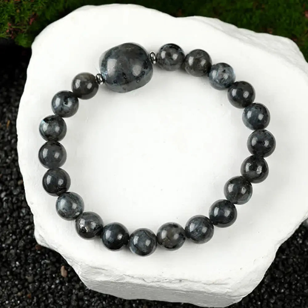 Buddha Stones Cute Cat Design Blue Lace Agate Clear Quartz Beaded Bracelet - Black Glitter Stone(Wrist Circumference