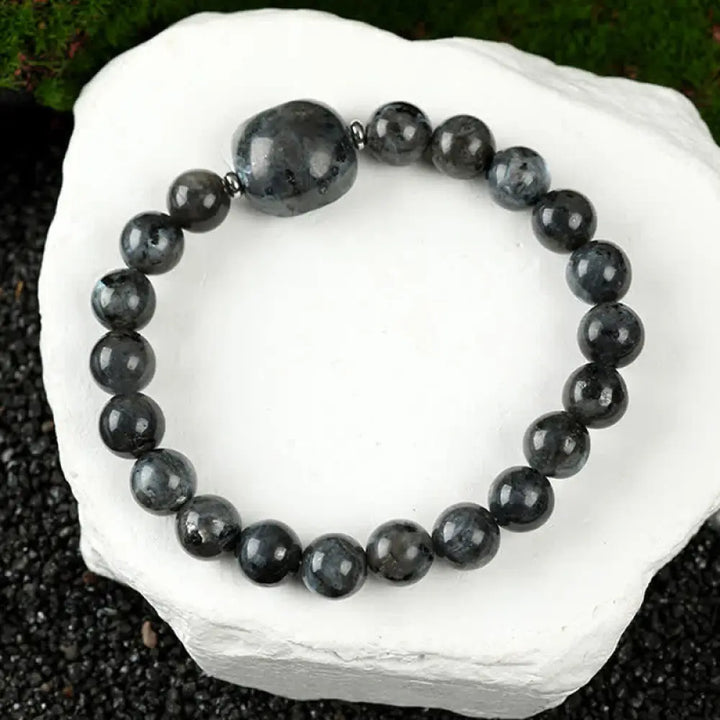 Buddha Stones Cute Cat Design Blue Lace Agate Clear Quartz Beaded Bracelet - Black Glitter Stone(Wrist Circumference
