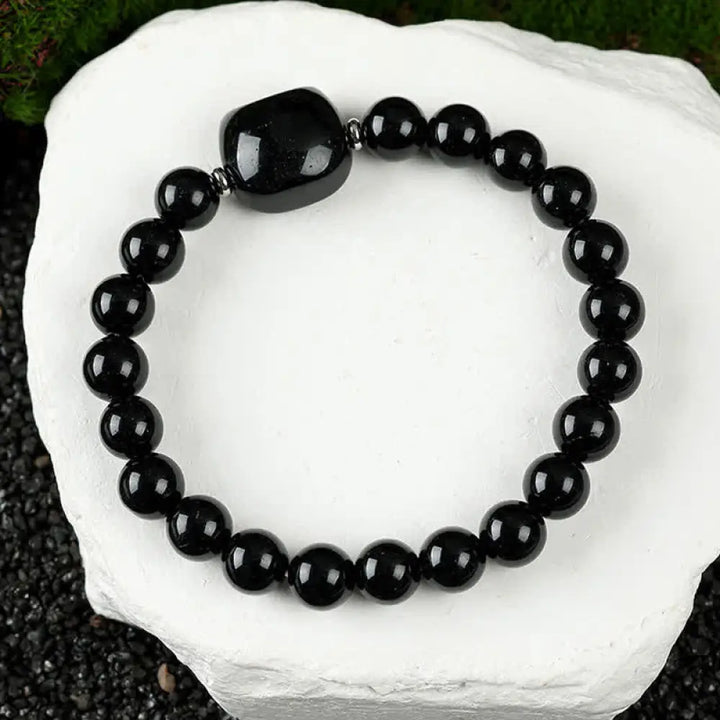 Buddha Stones Cute Cat Design Blue Lace Agate Clear Quartz Beaded Bracelet - Black Obsidian(Wrist Circumference