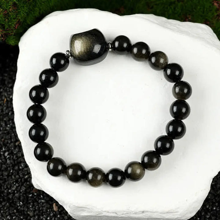 Buddha Stones Cute Cat Design Blue Lace Agate Clear Quartz Beaded Bracelet - Gold Sheen Obsidian(Wrist Circumference