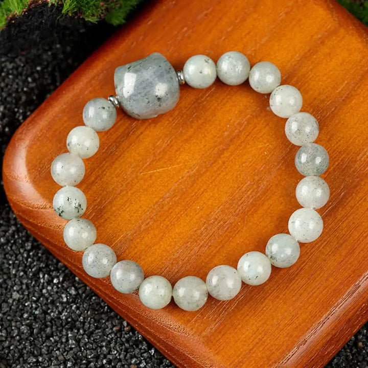 Buddha Stones Cute Cat Design Blue Lace Agate Clear Quartz Beaded Bracelet - Labradorite(Wrist Circumference 15–16cm)