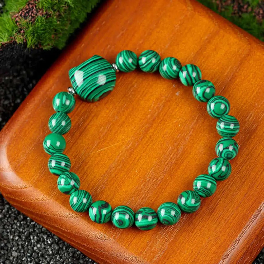 Buddha Stones Cute Cat Design Blue Lace Agate Clear Quartz Beaded Bracelet - Malachite(Wrist Circumference 15–16cm)