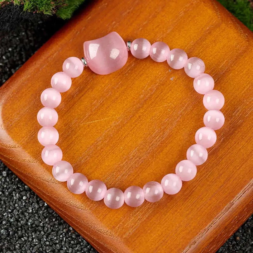 Buddha Stones Cute Cat Design Blue Lace Agate Clear Quartz Beaded Bracelet - Pink Cat’s Eye(Wrist Circumference