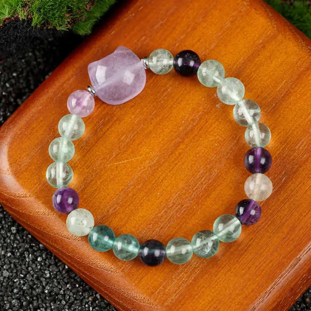 Buddha Stones Cute Cat Design Blue Lace Agate Clear Quartz Beaded Bracelet - Rainbow Fluorite(Wrist Circumference