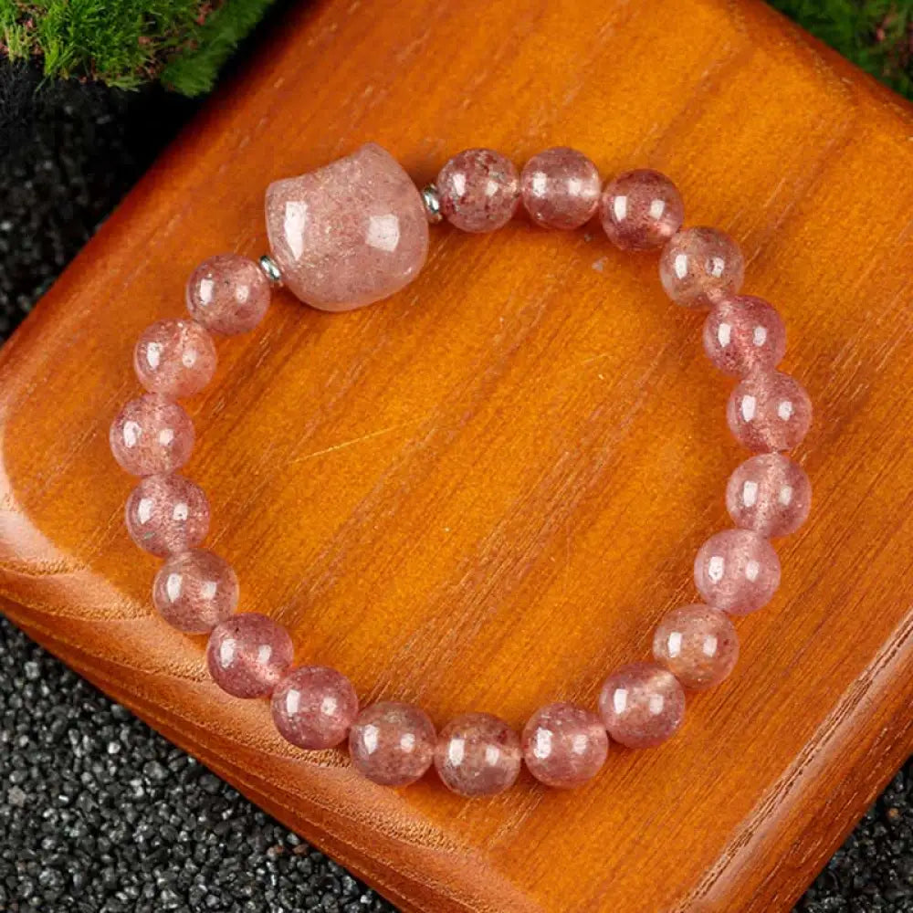 Buddha Stones Cute Cat Design Blue Lace Agate Clear Quartz Beaded Bracelet - Strawberry Quartz(Wrist Circumference