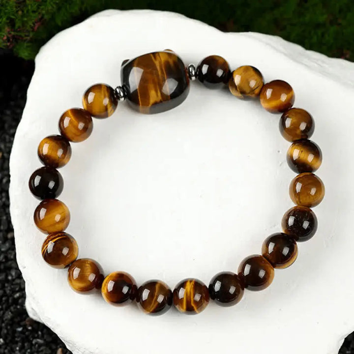 Buddha Stones Cute Cat Design Blue Lace Agate Clear Quartz Beaded Bracelet - Tiger’s Eye(Wrist Circumference 15–16cm)
