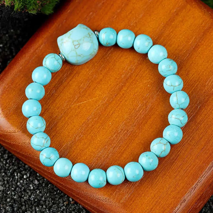 Buddha Stones Cute Cat Design Blue Lace Agate Clear Quartz Beaded Bracelet - Turquoise(Wrist Circumference 15–16cm)