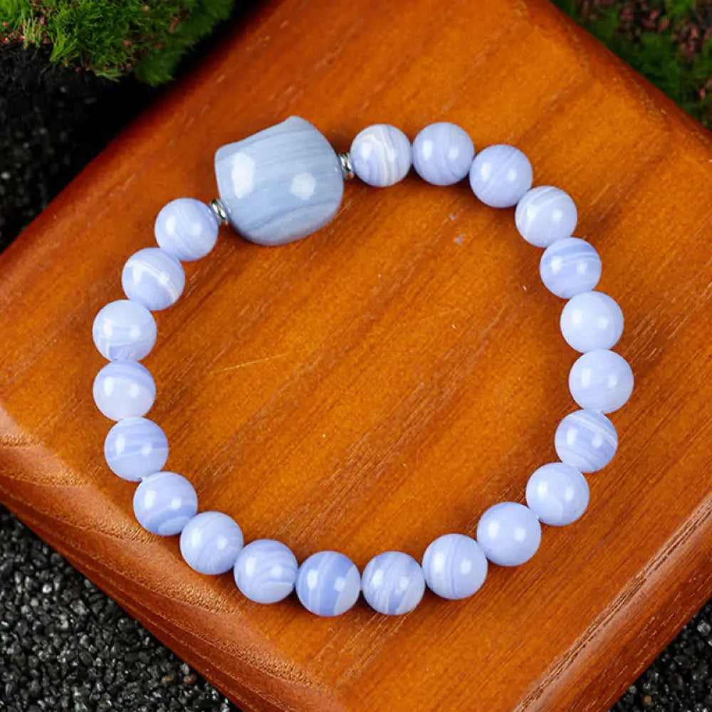 Buddha Stones Cute Cat Design Blue Lace Agate Clear Quartz Beaded Bracelet - Blue Lace Agate(Wrist Circumference