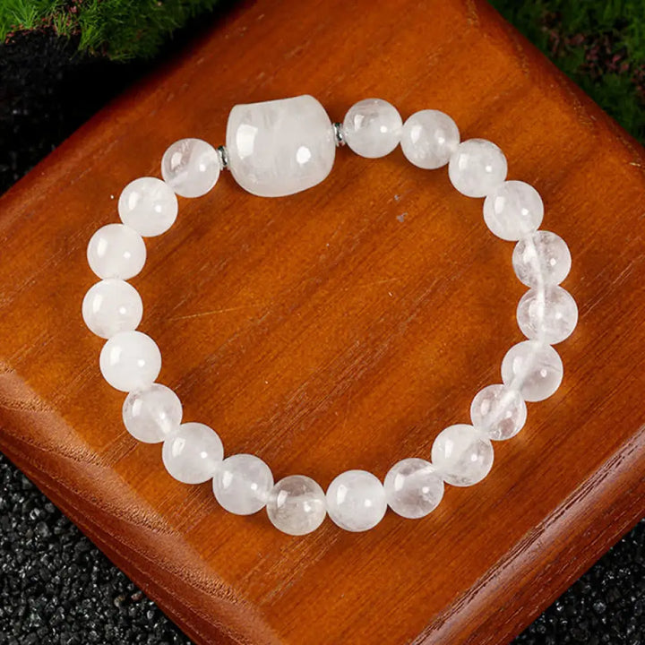 Buddha Stones Cute Cat Design Blue Lace Agate Clear Quartz Beaded Bracelet - Clear Quartz(Wrist Circumference 15–16cm)