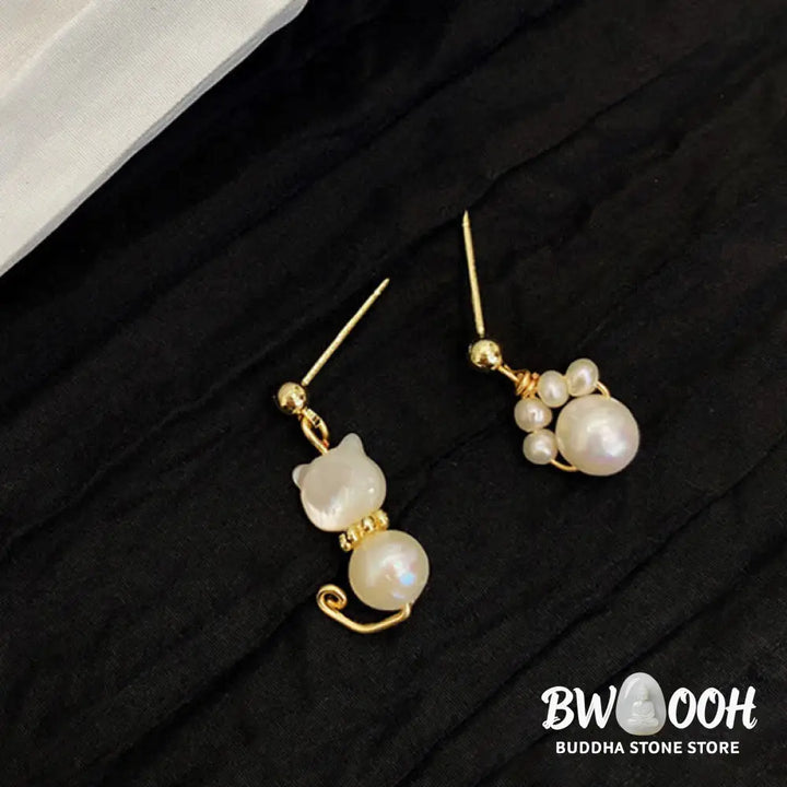 Buddha Stones Cute Cat Paw Pearl Wisdom Stud Drop Earrings - Pearl(925 Sterling Silver Posts) - Earrings