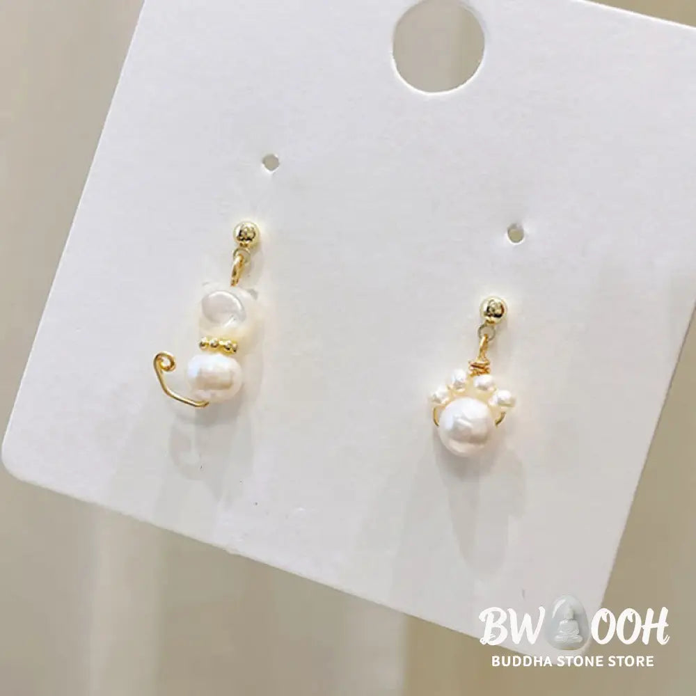 Buddha Stones Cute Cat Paw Pearl Wisdom Stud Drop Earrings - Pearl(925 Sterling Silver Posts) - Earrings