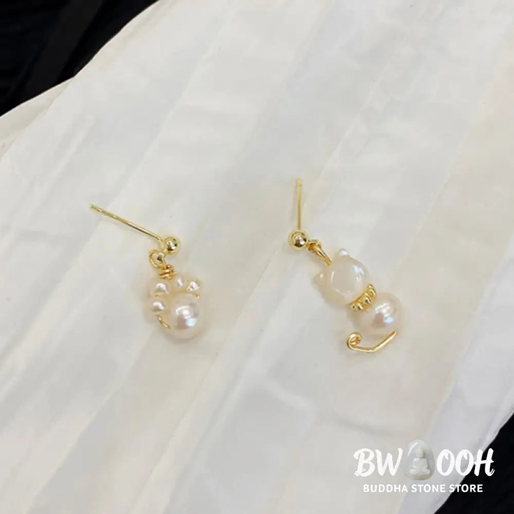 Buddha Stones Cute Cat Paw Pearl Wisdom Stud Drop Earrings - Pearl(925 Sterling Silver Posts) - Earrings