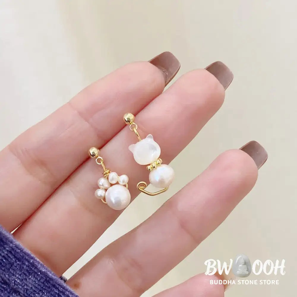Buddha Stones Cute Cat Paw Pearl Wisdom Stud Drop Earrings - Pearl(925 Sterling Silver Posts) - Earrings