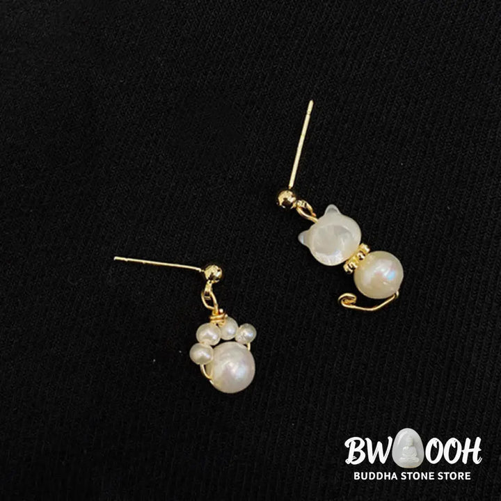 Buddha Stones Cute Cat Paw Pearl Wisdom Stud Drop Earrings - Pearl(925 Sterling Silver Posts) - Earrings