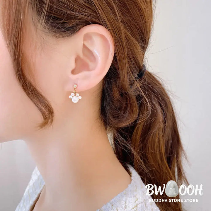 Buddha Stones Cute Cat Paw Pearl Wisdom Stud Drop Earrings - Pearl(925 Sterling Silver Posts) - Earrings