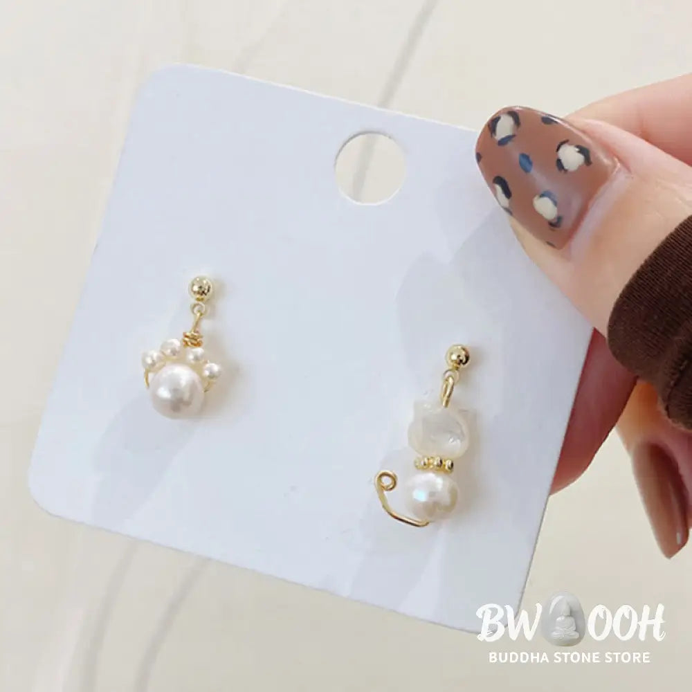 Buddha Stones Cute Cat Paw Pearl Wisdom Stud Drop Earrings - Pearl(925 Sterling Silver Posts) - Earrings