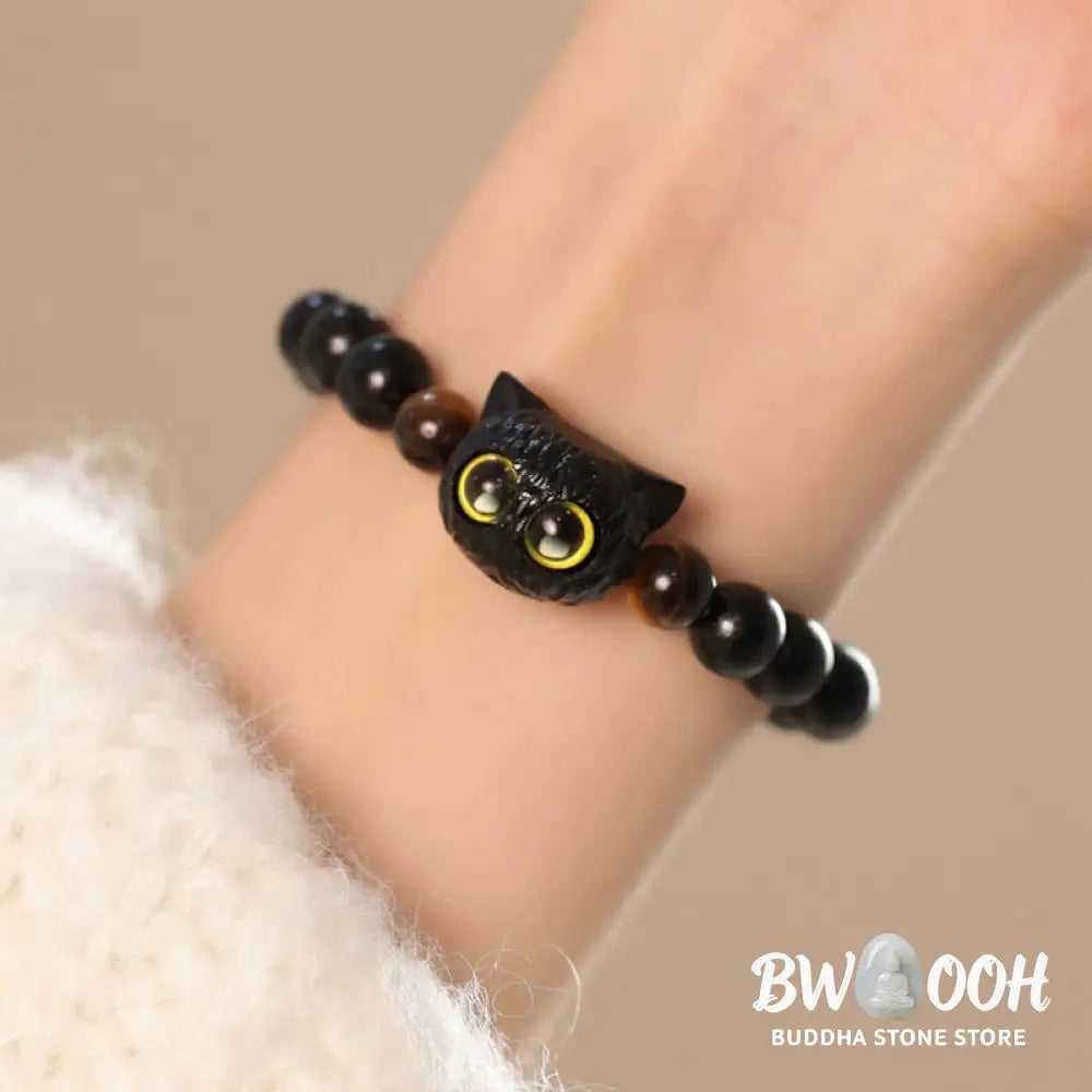 Buddha Stones Cute Ebony Wood Cat Head Pattern Peace Bracelet - BWOOOH - Bracelet