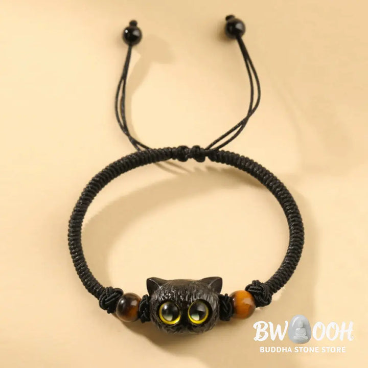 Buddha Stones Cute Ebony Wood Cat Head Pattern Peace Bracelet - BWOOOH - Bracelet