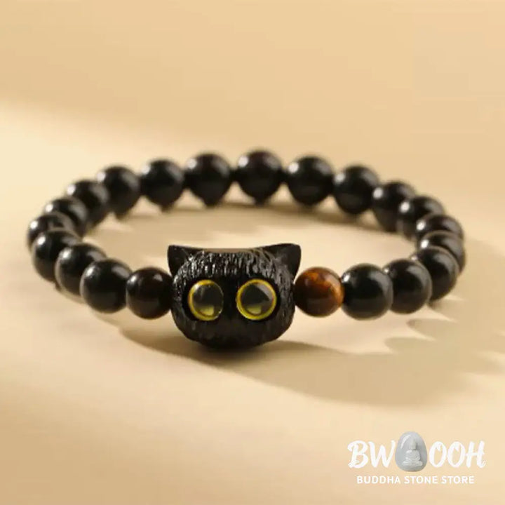 Buddha Stones Cute Ebony Wood Cat Head Pattern Peace Bracelet - BWOOOH - Bracelet