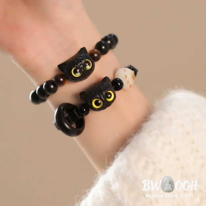 Buddha Stones Cute Ebony Wood Cat Head Pattern Peace Bracelet - BWOOOH - Bracelet