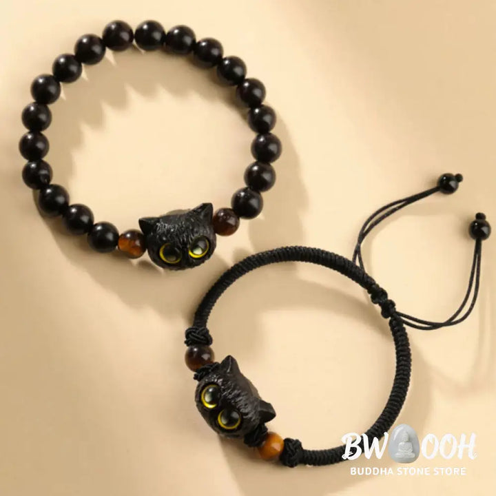 Buddha Stones Cute Ebony Wood Cat Head Pattern Peace Bracelet - BWOOOH - Bracelet