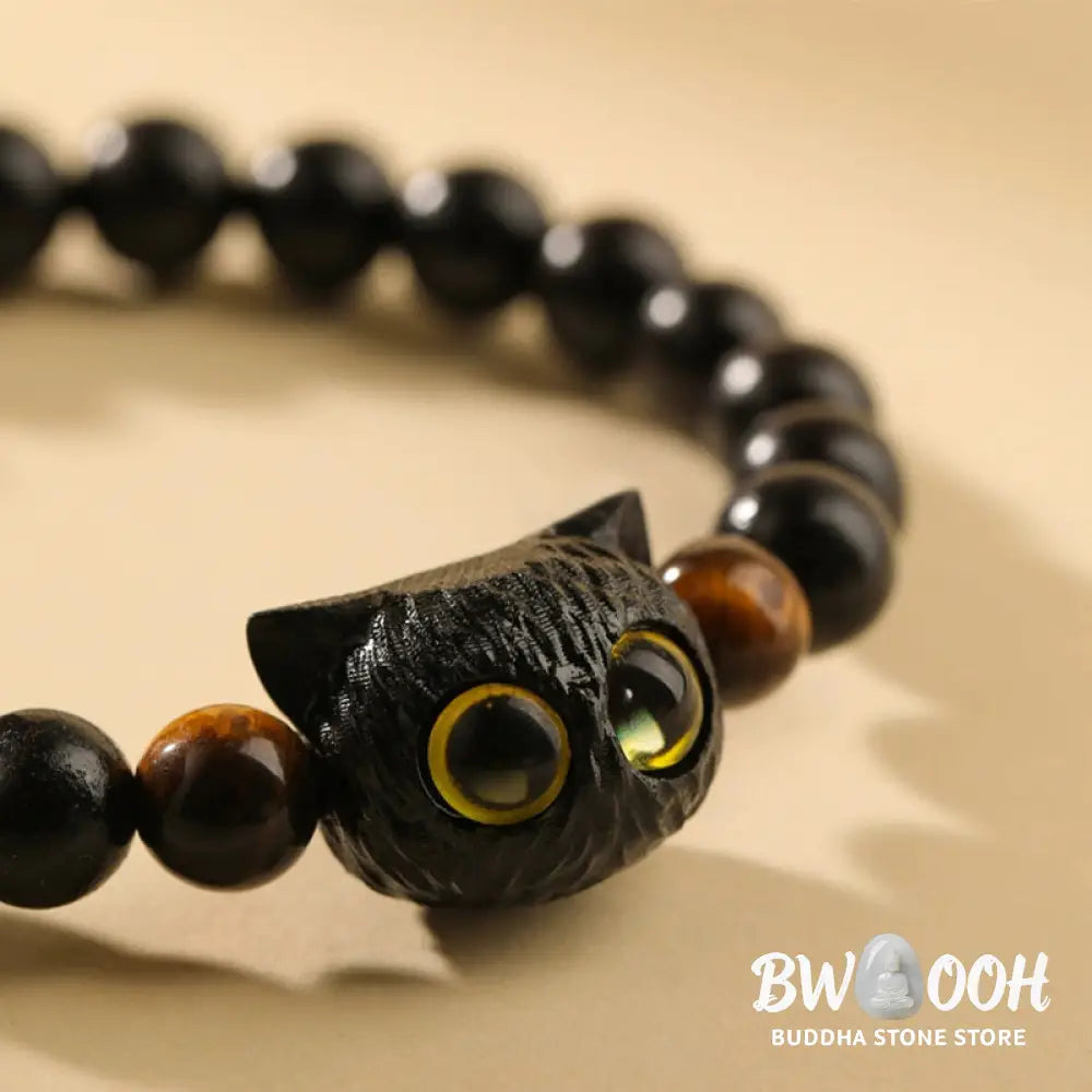Buddha Stones Cute Ebony Wood Cat Head Pattern Peace Bracelet - BWOOOH - Bracelet