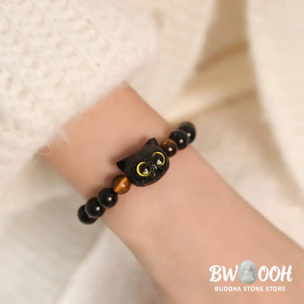 Buddha Stones Cute Ebony Wood Cat Head Pattern Peace Bracelet - BWOOOH - Bracelet