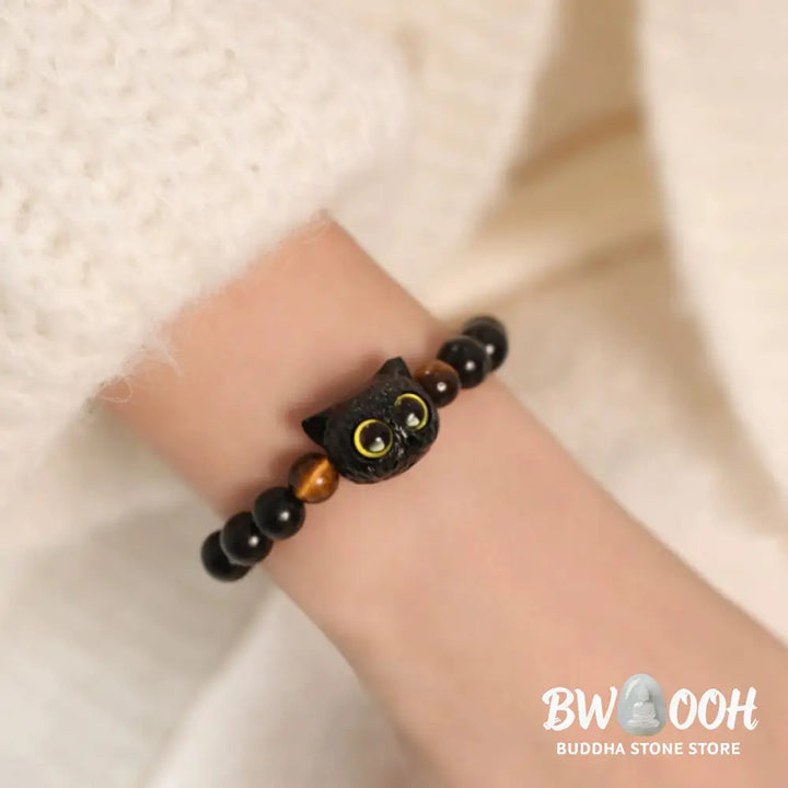 Buddha Stones Cute Ebony Wood Cat Head Pattern Peace Bracelet - BWOOOH - Bracelet