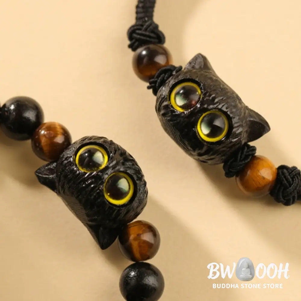 Buddha Stones Cute Ebony Wood Cat Head Pattern Peace Bracelet - BWOOOH - Bracelet