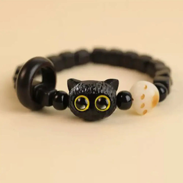 Buddha Stones Cute Ebony Wood Cat Head Pattern Peace Bracelet - BWOOOH - Ebony Cat Bodhi Seed(Wrist Circumference