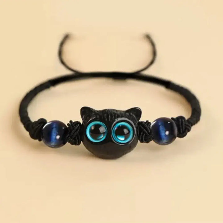 Buddha Stones Cute Ebony Wood Cat Head Pattern Peace Bracelet - BWOOOH - Ebony Cat Lazurite Rope Bracelet(Wrist