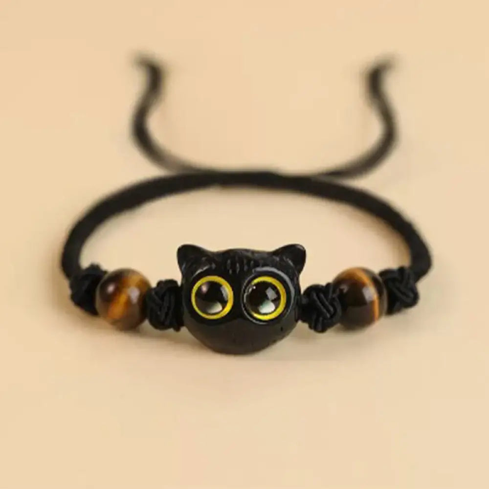 Buddha Stones Cute Ebony Wood Cat Head Pattern Peace Bracelet - BWOOOH - Ebony Cat Tiger Eye Rope Bracelet(Wrist