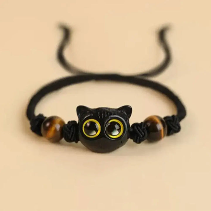 Buddha Stones Cute Ebony Wood Cat Head Pattern Peace Bracelet - BWOOOH - Ebony Cat Tiger Eye Rope Bracelet(Wrist
