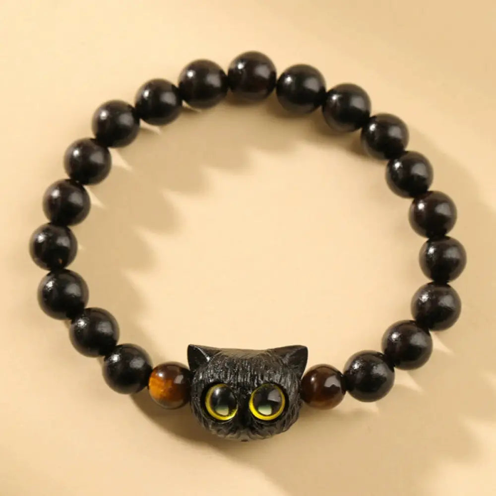 BWOOOH Cute Ebony Wood Cat Head Pattern Peace Bracelet - BWOOOH - Ebony Cat Tiger Eye(Wrist Circumference
