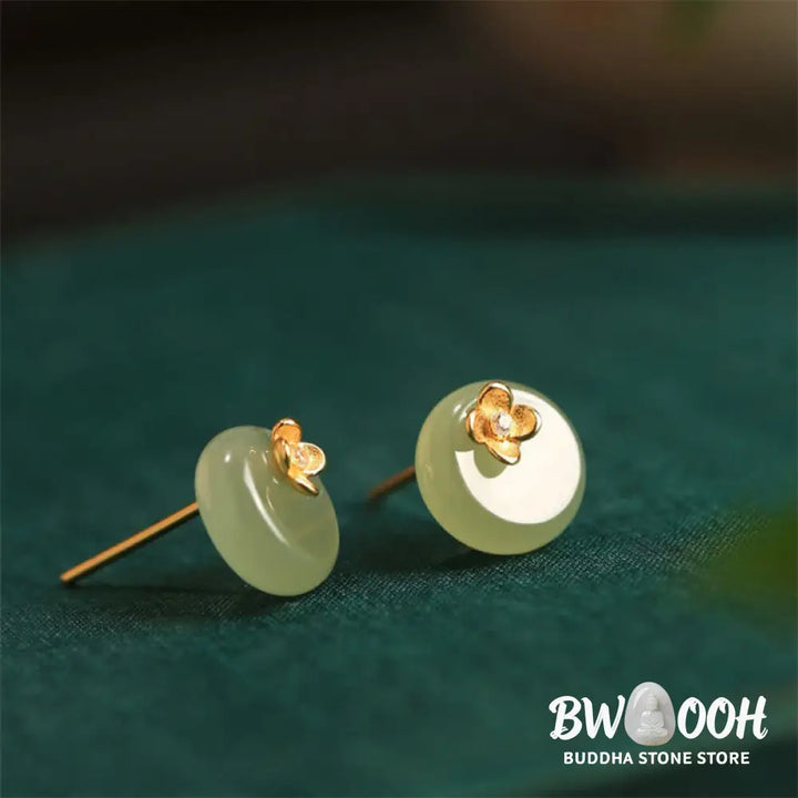 Buddha Stones Cyan Jade 925 Sterling Silver Flower Harmony Earrings - Cyan Jade(925 Sterling Silver Posts) - Earrings