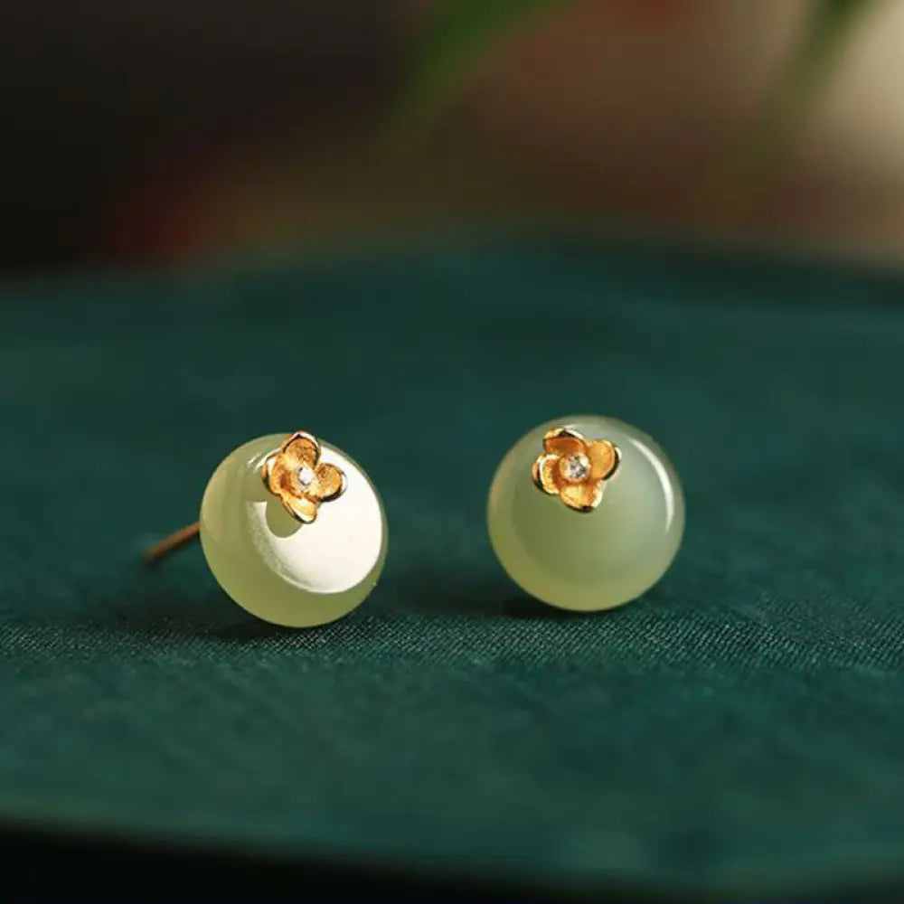 Buddha Stones Cyan Jade 925 Sterling Silver Flower Harmony Earrings - Cyan Jade(925 Sterling Silver Posts) - Earrings