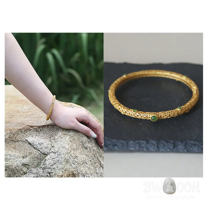 Buddha Stones Cyan Jade Copper Auspicious Clouds Calm Healing Bracelet Bangle - BWOOOH - Auspicious Clouds Bangle(Wrist