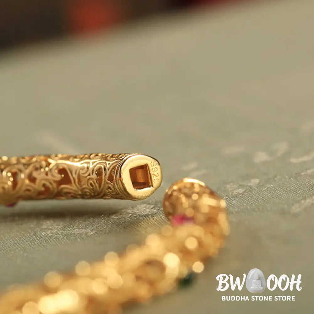 Buddha Stones Cyan Jade Copper Plated Gold Auspicious Clouds Gourd Luck Bracelet Bangle - BWOOOH - 56mm - Bracelet