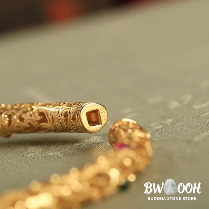 Buddha Stones Cyan Jade Copper Plated Gold Auspicious Clouds Gourd Luck Bracelet Bangle - BWOOOH - 56mm - Bracelet