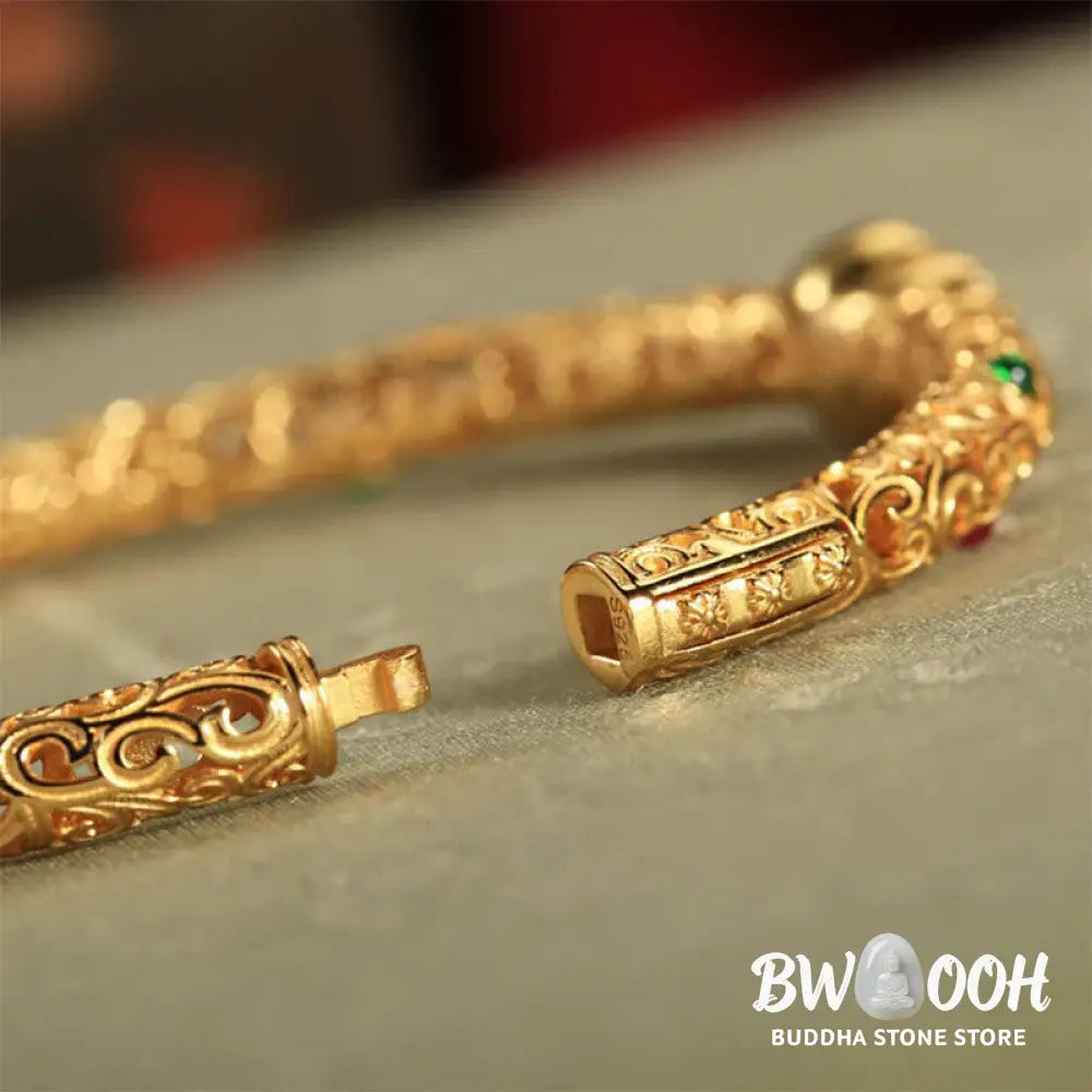 Buddha Stones Cyan Jade Copper Plated Gold Auspicious Clouds Gourd Luck Bracelet Bangle - BWOOOH - 56mm - Bracelet