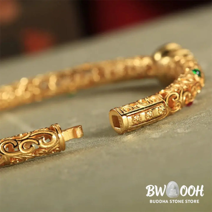 Buddha Stones Cyan Jade Copper Plated Gold Auspicious Clouds Gourd Luck Bracelet Bangle - BWOOOH - 56mm - Bracelet