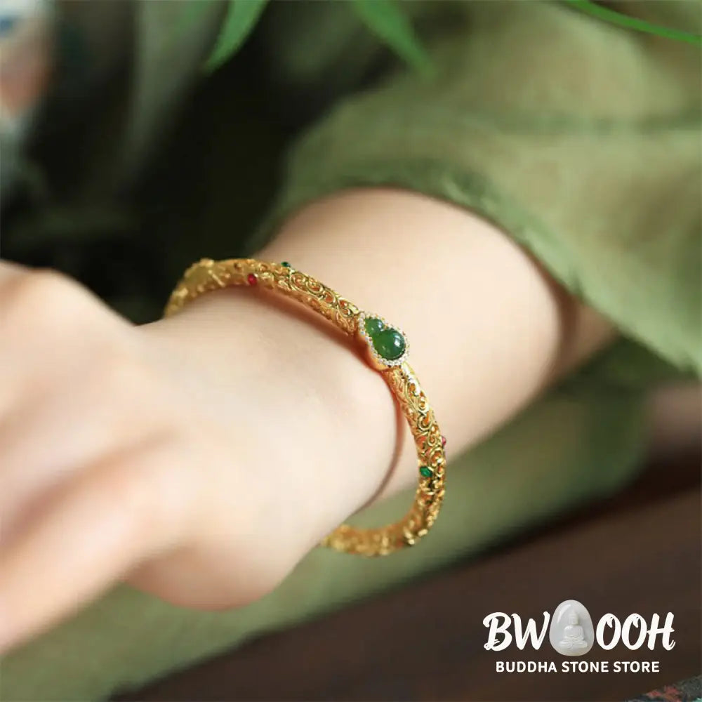 Buddha Stones Cyan Jade Copper Plated Gold Auspicious Clouds Gourd Luck Bracelet Bangle - BWOOOH - 56mm - Bracelet