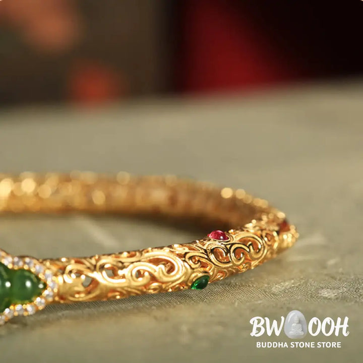Buddha Stones Cyan Jade Copper Plated Gold Auspicious Clouds Gourd Luck Bracelet Bangle - BWOOOH - 56mm - Bracelet