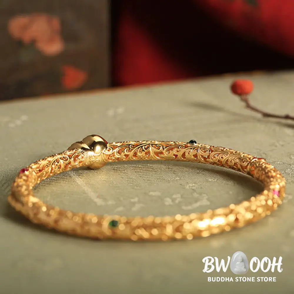 Buddha Stones Cyan Jade Copper Plated Gold Auspicious Clouds Gourd Luck Bracelet Bangle - BWOOOH - 56mm - Bracelet