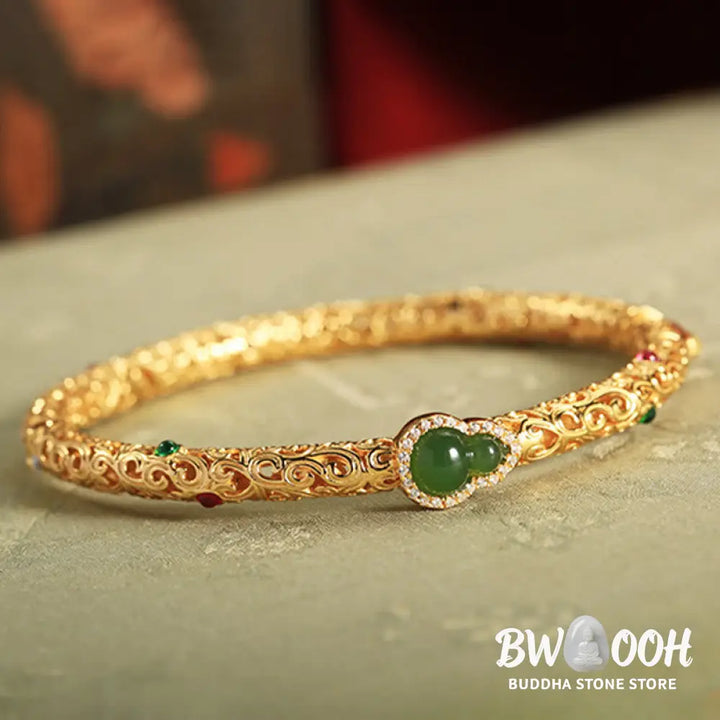 Buddha Stones Cyan Jade Copper Plated Gold Auspicious Clouds Gourd Luck Bracelet Bangle - BWOOOH - 56mm - Bracelet